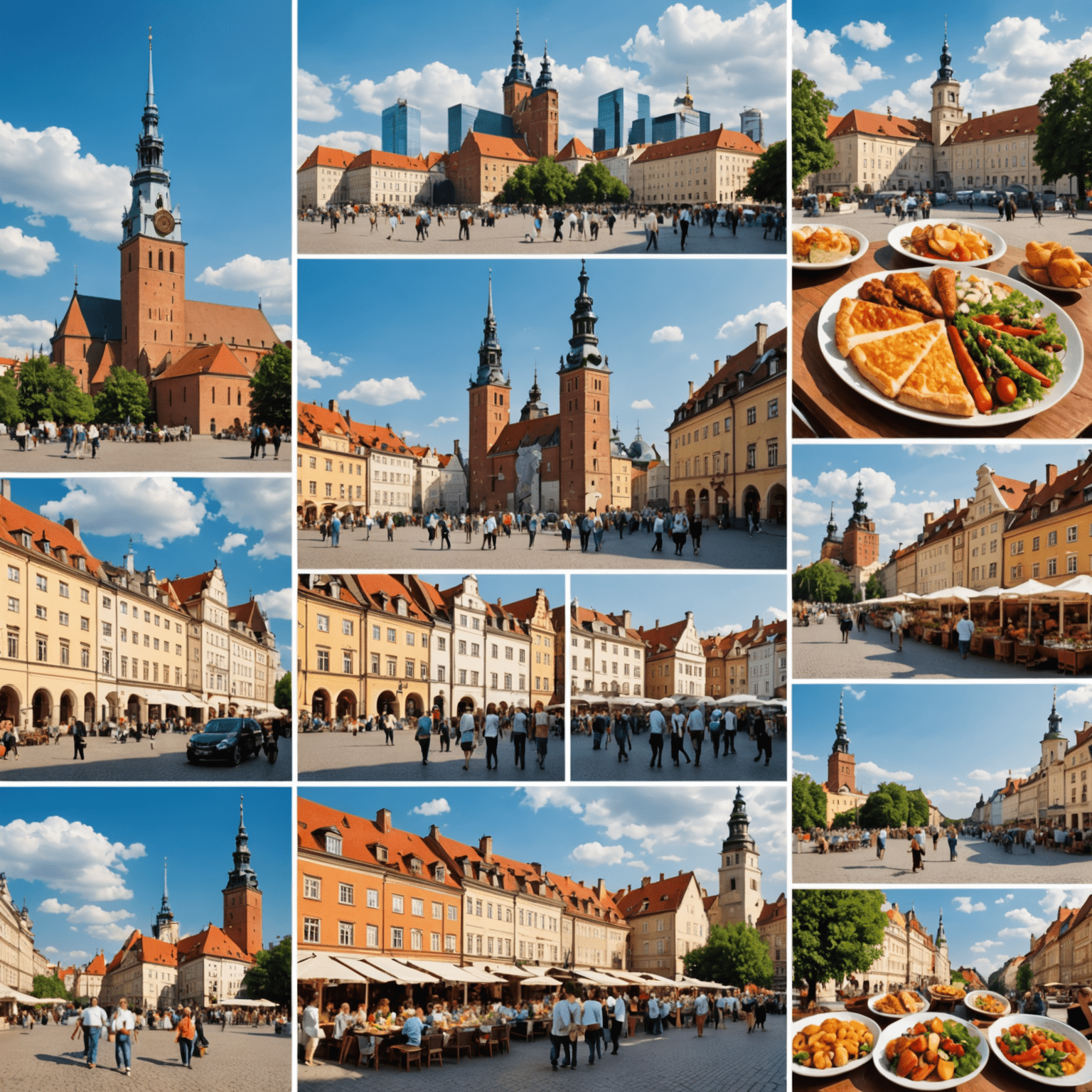 Kolaż przedstawiający różnorodne aspekty życia w Polsce, w tym panoramę Warszawy, tradycyjne polskie potrawy, i ludzi cieszących się życiem w polskich miastach