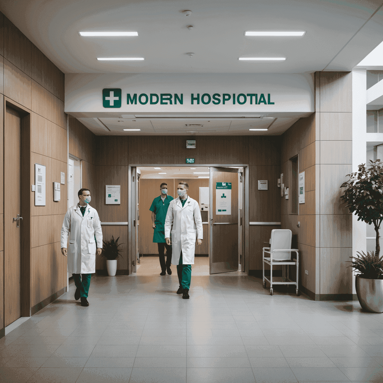 Nowoczesny polski szpital z personelem medycznym witającym pacjentów przy wejściu