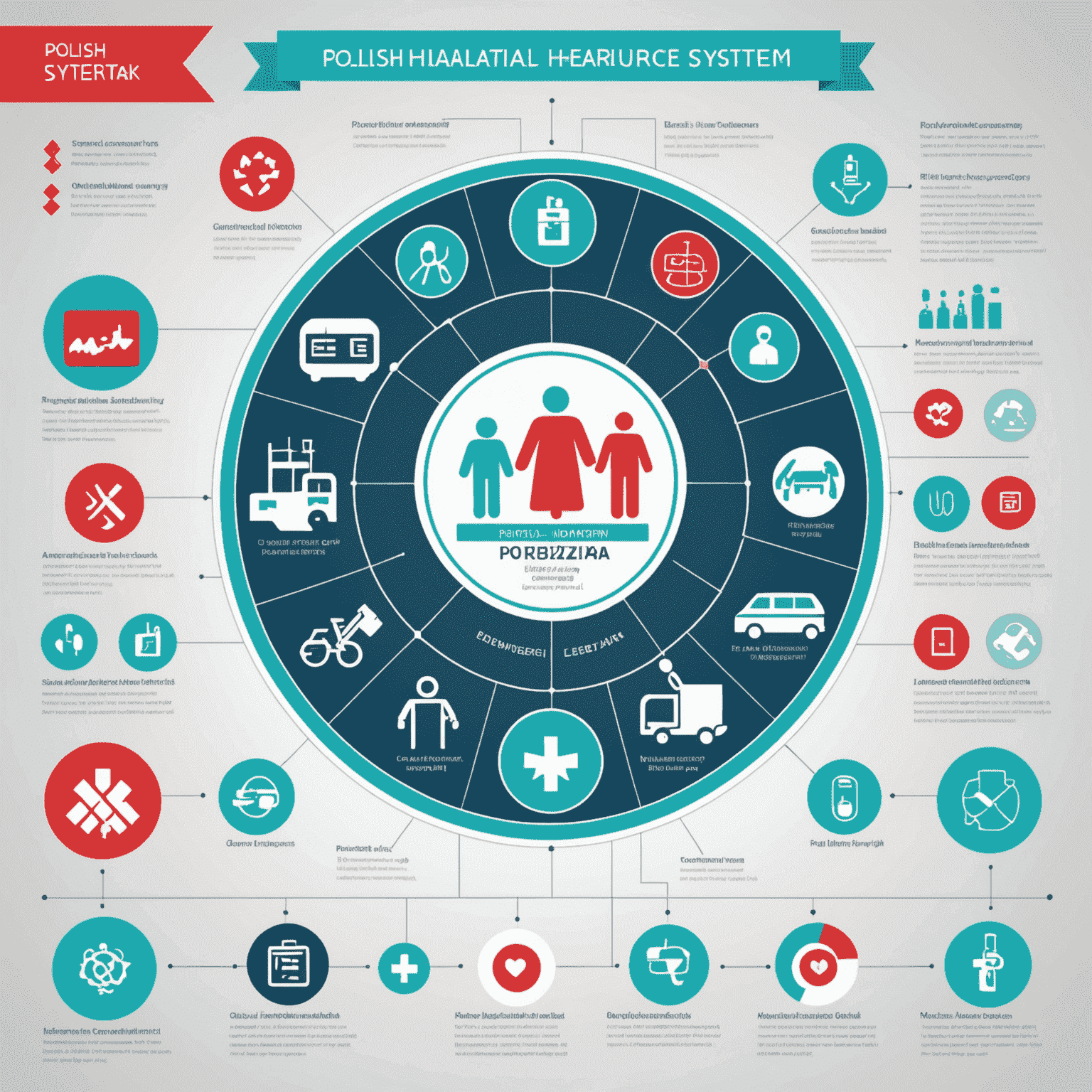 Infografika przedstawiająca schemat polskiego systemu opieki zdrowotnej, z ikonami reprezentującymi szpitale, przychodnie i apteki