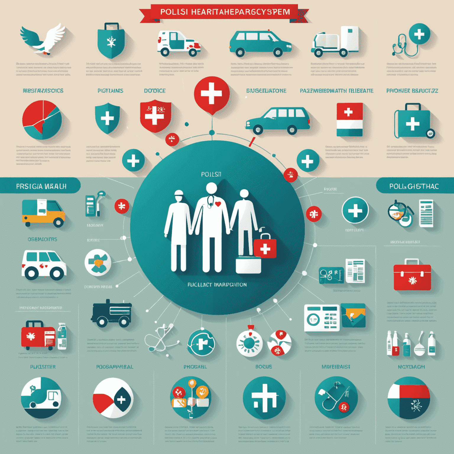 Infografika przedstawiająca polski system opieki zdrowotnej, z ikonami szpitali, lekarzy i aptek